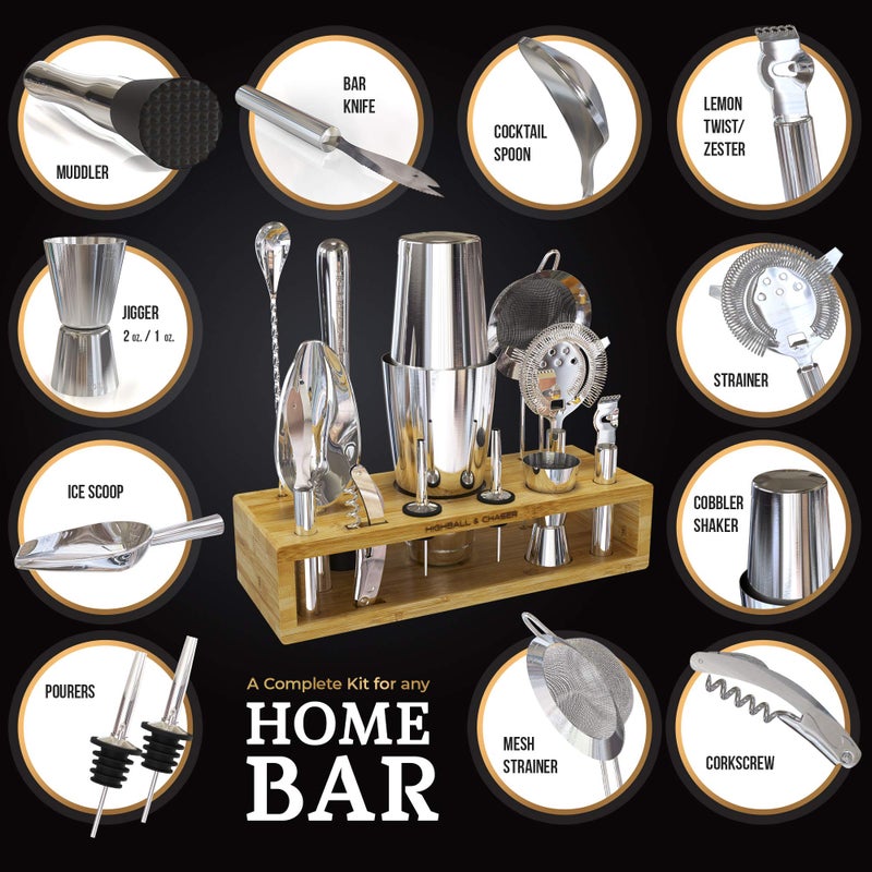 Highball  Chaser Highball & Chaser 13-Piece Boston Cocktail Shaker Set Stainless Steel Mixology Bartender Kit With Stand For Home Bar Cocktail Set | Laser Engraved Cocktail Tools | Plus E-Book with 30 Cocktail Recipes - Image 3